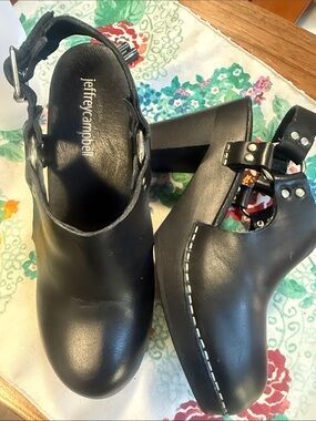 Jeffrey Campbell Black Leather Clog Sandals with Stud Accent